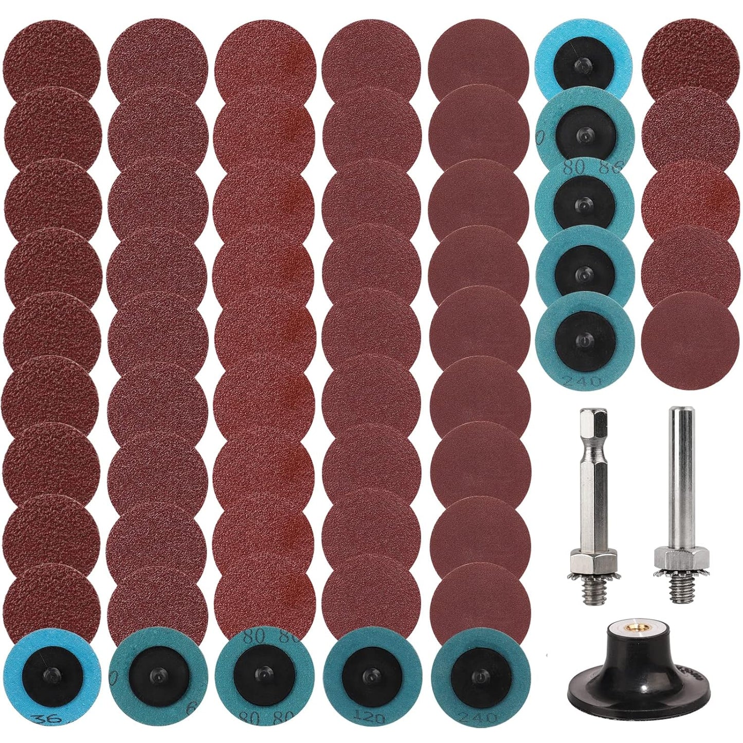 STEBRUAM 60 Stück 2 Zoll (36/60/80/120/240) Roloc Schleifscheiben Set, Schnellwechselscheiben mit 1/4 Zoll Scheiben Pad Halter für Gesenkschleifer Flachschleifen Polieren Grat Finish Entrosten
